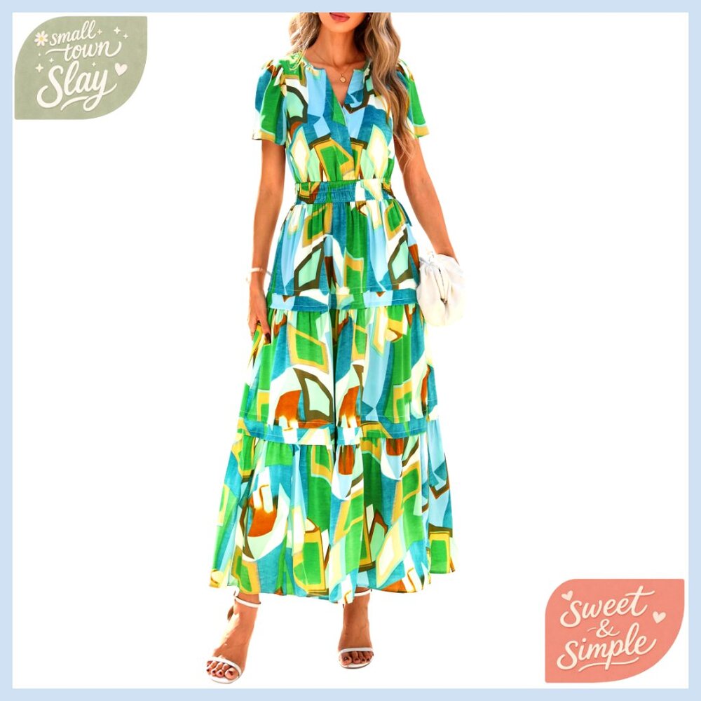 Boho Maxi Dress with Pockets, V-Neck, Tiered Flowy A-Line Summer Beach
